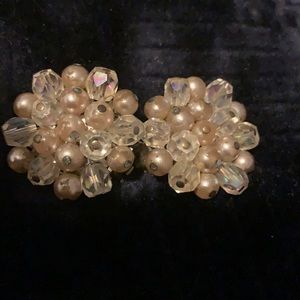 Vintage Costume Pearl and Crystal Round Earrings